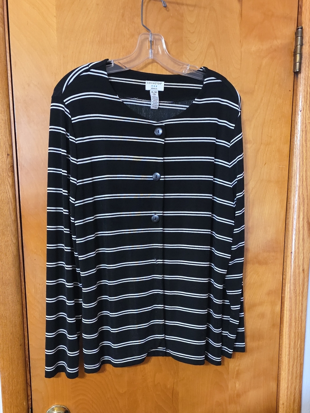 Covington Black & White Striped Button-Front Long Sleeve Top